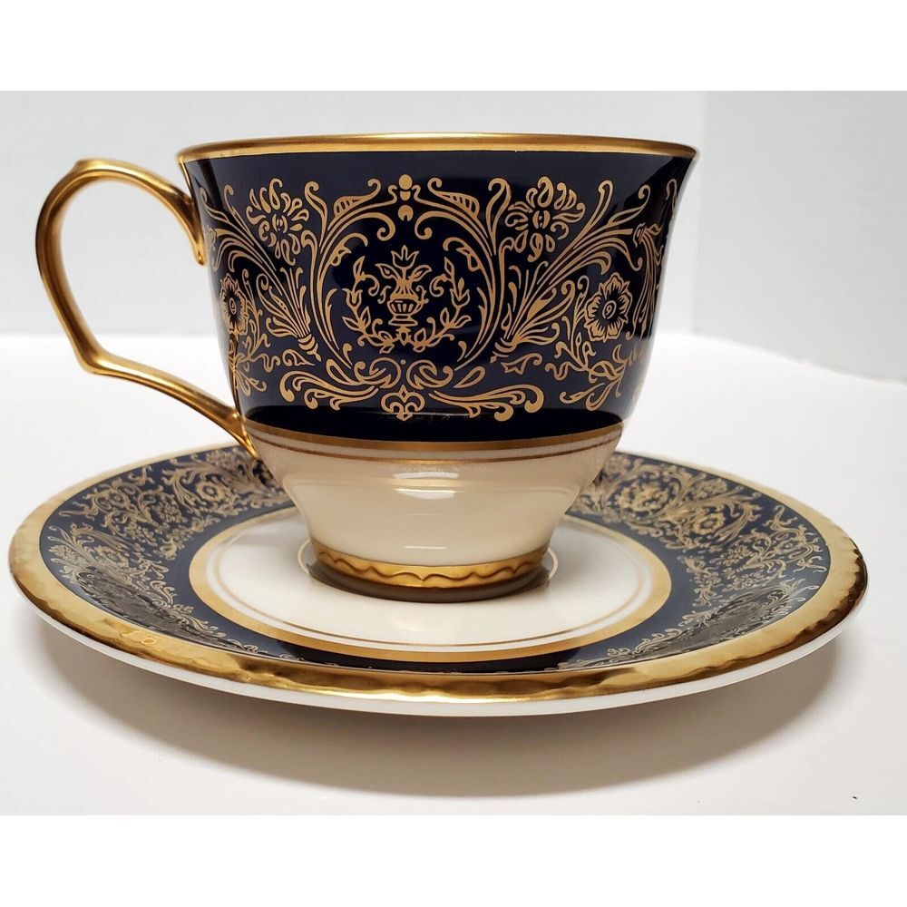 VTG Pickard China Flat Cup & Saucer Tiara Royale Cobalt/Gold/Cream Hand Dec USA
